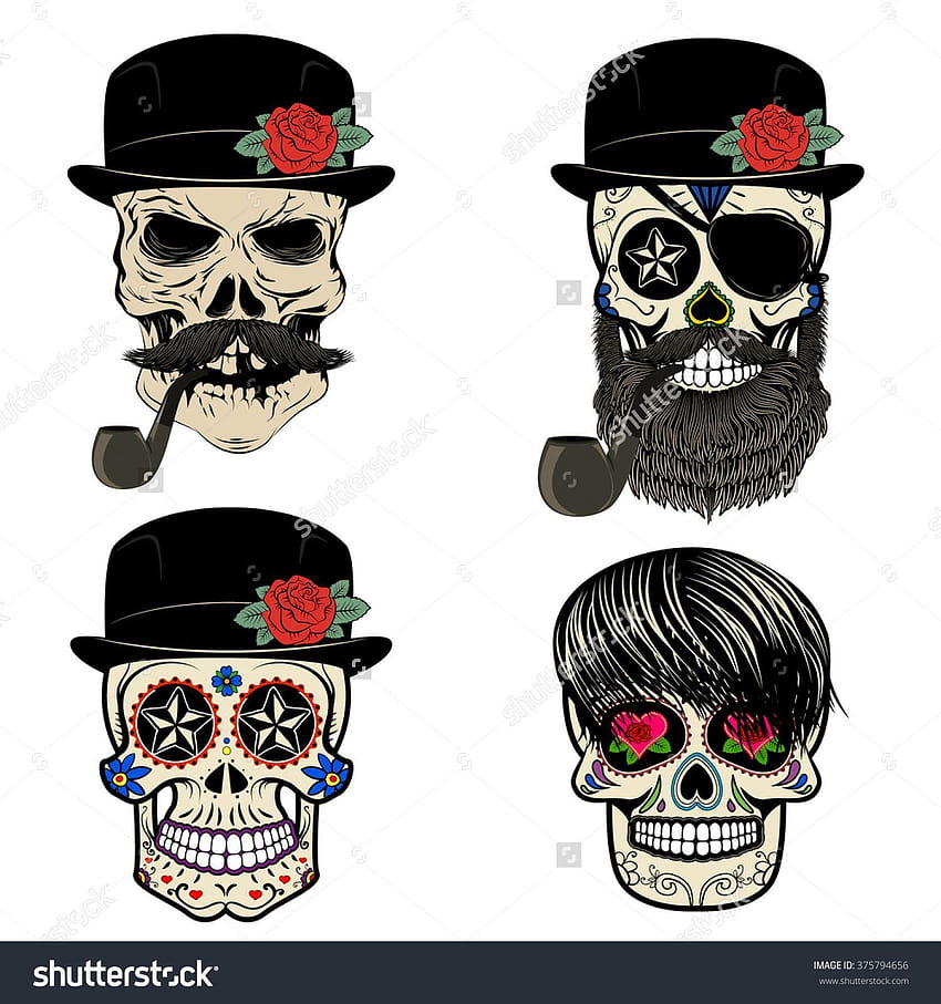 skulls with beard and hair. Vector design elements for label, logo, einstein with pipe and headphone HD phone wallpaper