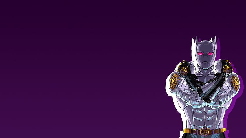 Jojo Killer Queen stojący na boku z ciemnofioletowym tłem Anime, ciemnofioletowy anime Tapeta HD