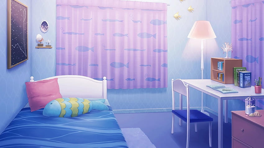 1920x1080 Kamar Anime, Tempat Tidur, Meja, Tirai, Lucu, kamar tidur anime Wallpaper HD