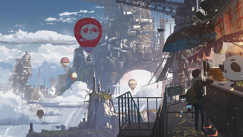1920x1080 Anime Boy, Fantasy World, Pływające miasto, Sky City na panoramiczny Tapeta HD