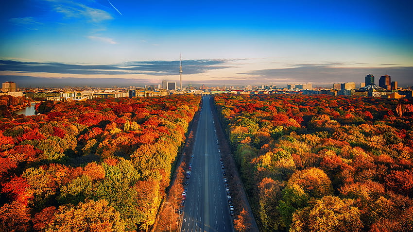 Almanya, Berlin, TV kulesi, yol, ağaçlar, şehir, sonbahar 3840x2160 U , kanal sonbahar HD duvar kağıdı