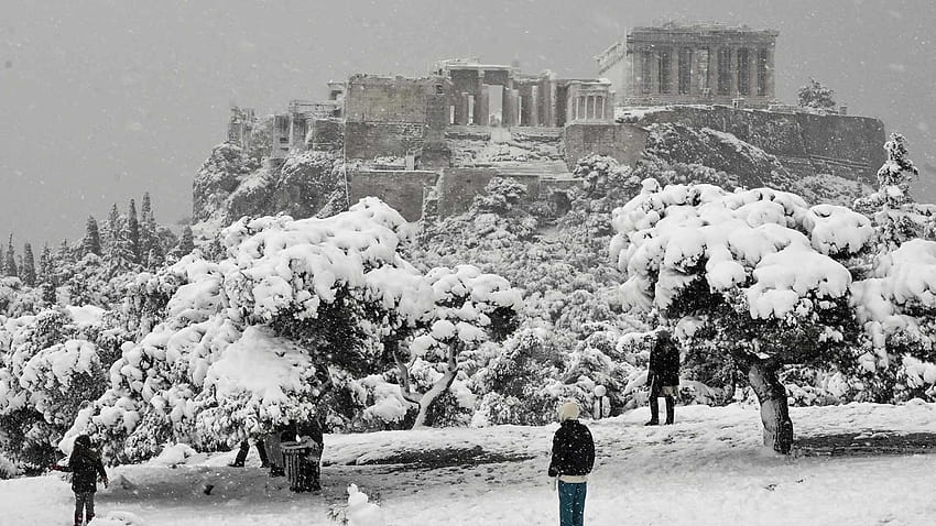 La neve pesante rara copre l'inverno di Atene, Grecia, Grecia Sfondo HD