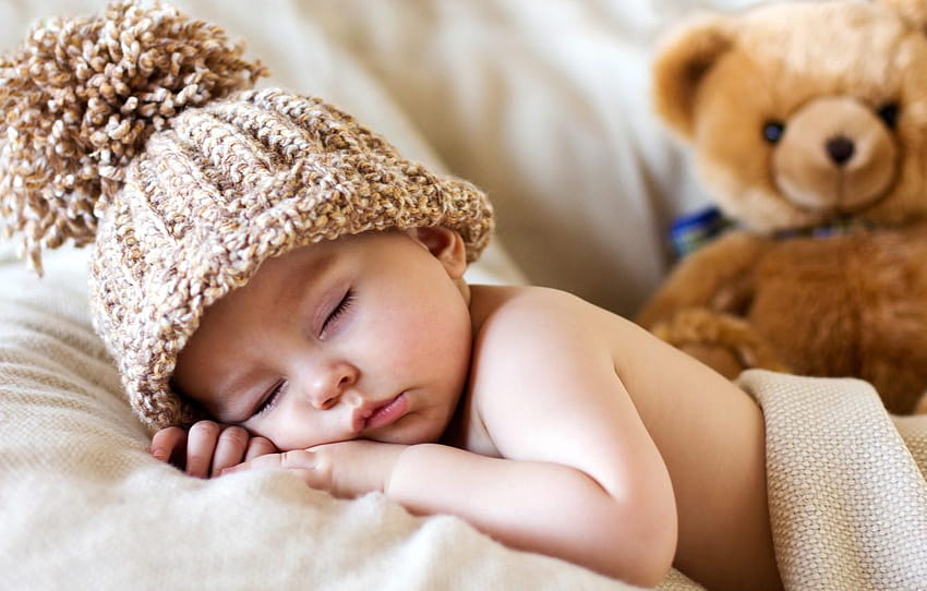 hat, toy, child, baby, bear, bear, toy, bear, baby, cute, sleeping HD wallpaper