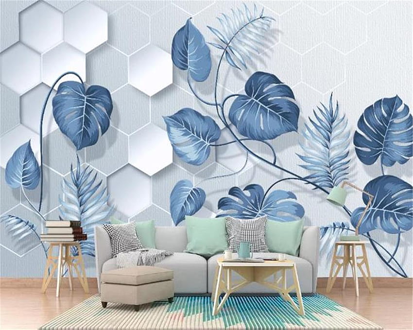 3D-Relief nordische hellblaue kleine frische tropische Pflanzenblätter, Heimdekoration, Wohnzimmer, Schlafzimmer, Wandverkleidung von Yunlin888, 11,58 $, blaues Zimmer HD-Hintergrundbild