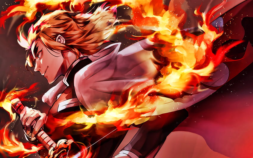 Rengoku Kyoujurou, fire flames, Mugen Ressha HD wallpaper