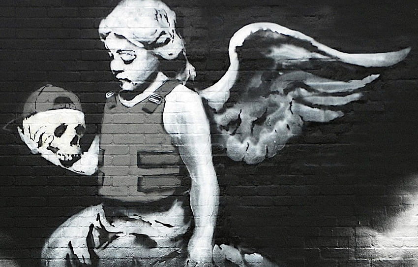 Schädel, Engel, Graffiti, Banksy, kugelsichere Weste HD-Hintergrundbild