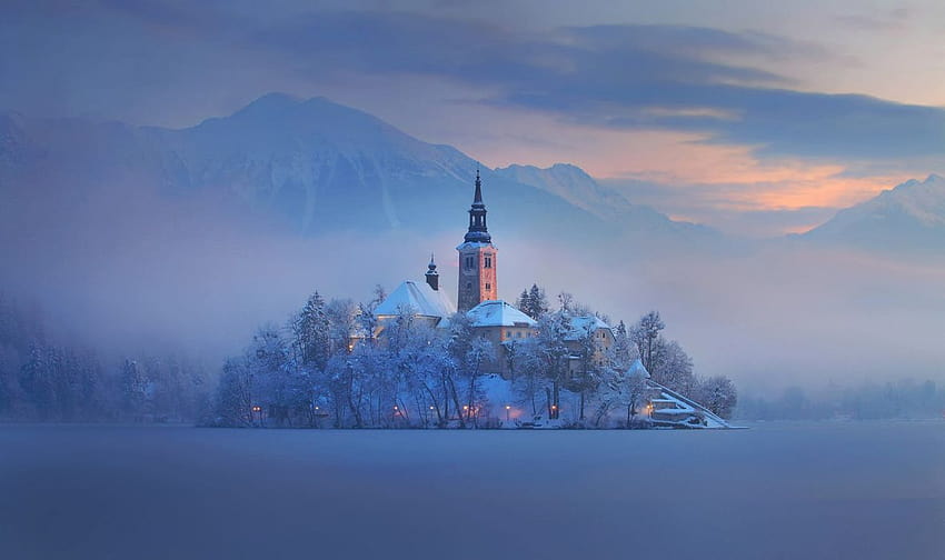 Slovenia Bled lake mountain island fog home church winter, winter church HD wallpaper
