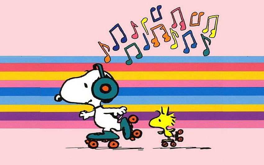 Snoopy dan Woodstock mendengarkan Music Computer, sepatu roda Wallpaper HD