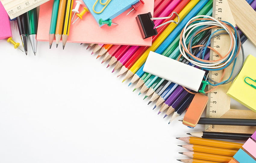pencils, white background, handle, colorful, clip, stationery HD wallpaper