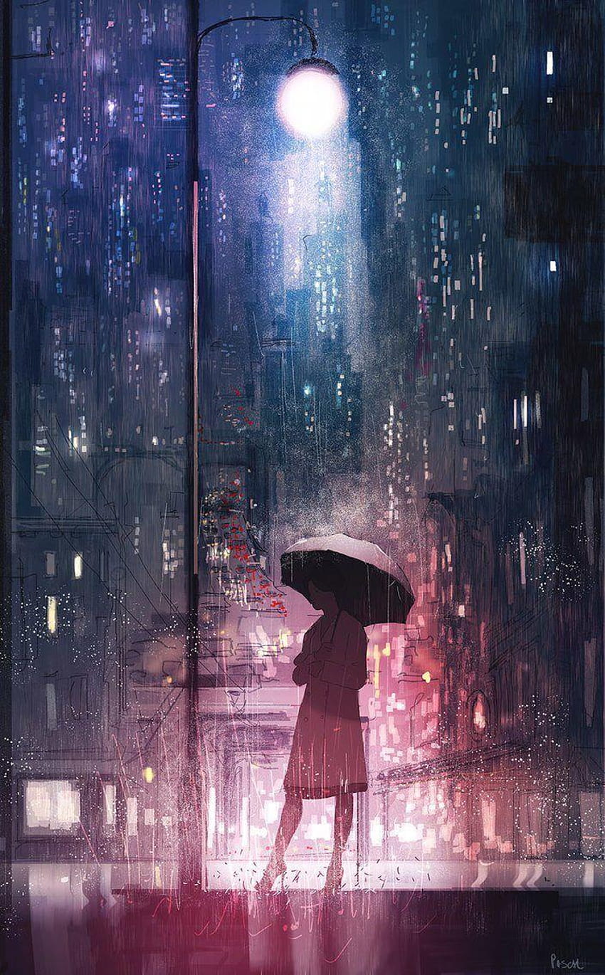 Todos los créditos son para el artista, anime sad girl paisaje lluvia fondo de pantalla del teléfono