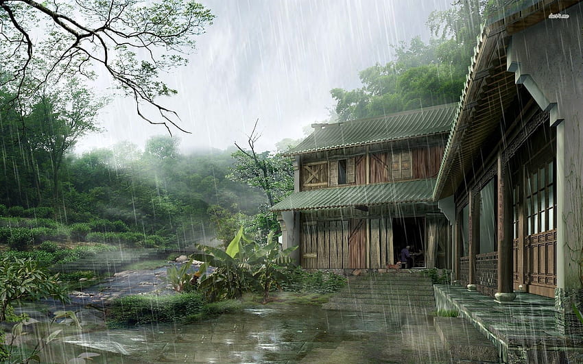 ธรรมชาติฝนตกในหมู่บ้าน ปริมาณน้ำฝนธรรมชาติ วอลล์เปเปอร์ HD