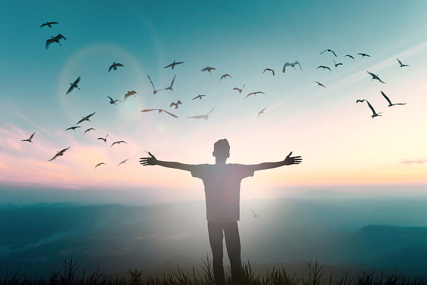 Happy man rise hand on morning view. Christian inspire praise God on good friday background. Now one man self confidence on peak open arms enjoying nature the sun concept world wisdom fun, praising god HD wallpaper