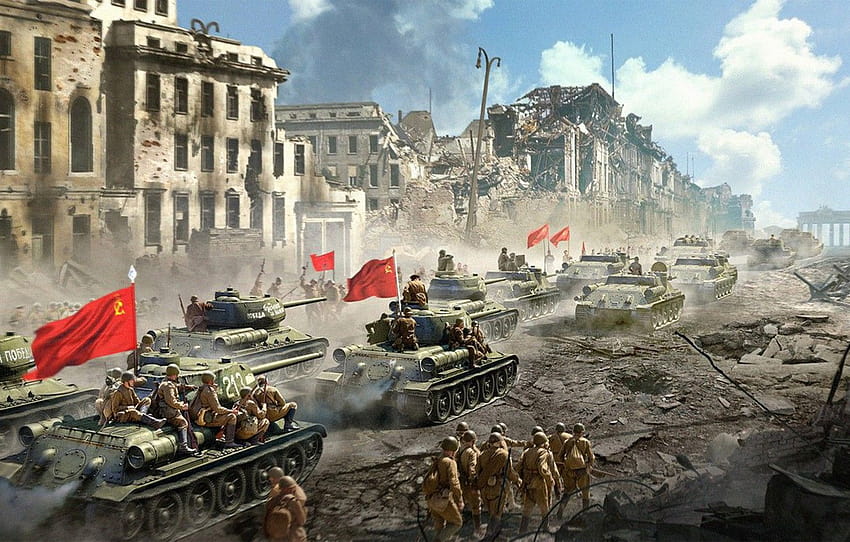the city, army, USSR, soldiers, flags, tanks, world of tanks, ussr , section игры HD wallpaper