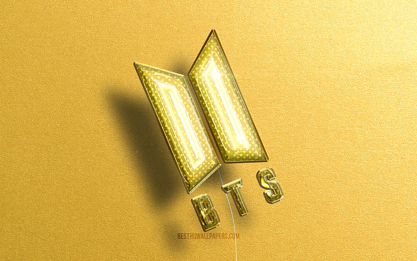 3D лого на BTS, Bangtan Boys, жълти реалистични балони, музикални звезди, лого на BTS, лого на Bangtan Boys, жълти каменни фонове, BTS с резолюция 3840x2400. Високо качество, bts музика HD тапет