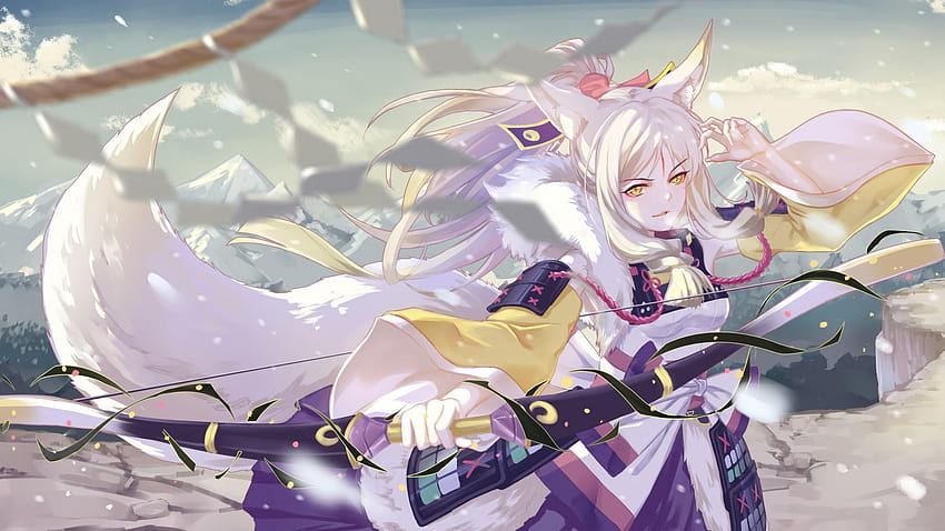 2560x1440 Fox Girl, Onmyouji, Bow, Animal Ears, silver haired anime HD wallpaper