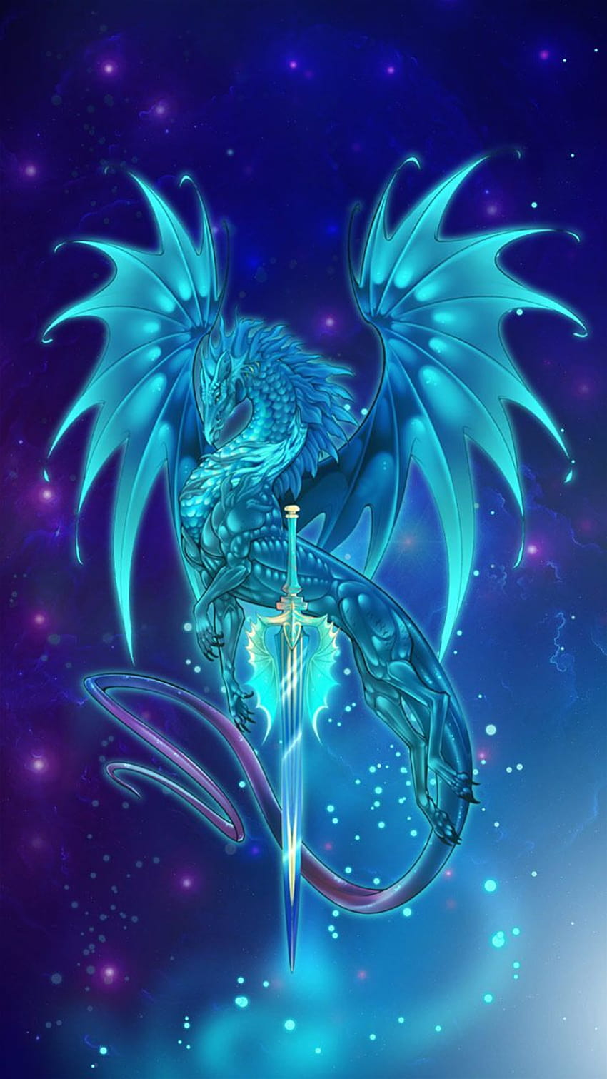 Espada de dragón de fuego sobre perro, dragón de fuego azul fondo de pantalla del teléfono