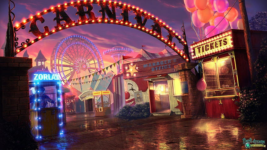 Carnival Town Scene. Ocean Pier background. Rowdy atmosphere. Dawn.  Close-up shot. Concept Art-style. Pokemon. Urban Cityscape Photography.  Point-of-View perspective
