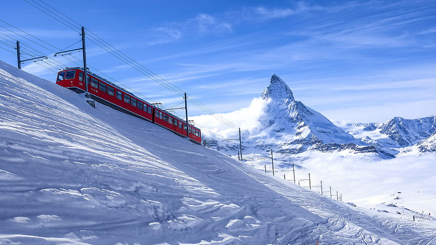 : Zermatt, Szwajcaria, Alpy, śnieg, pociąg, góry, alpy górskie Matterhorn Tapeta HD