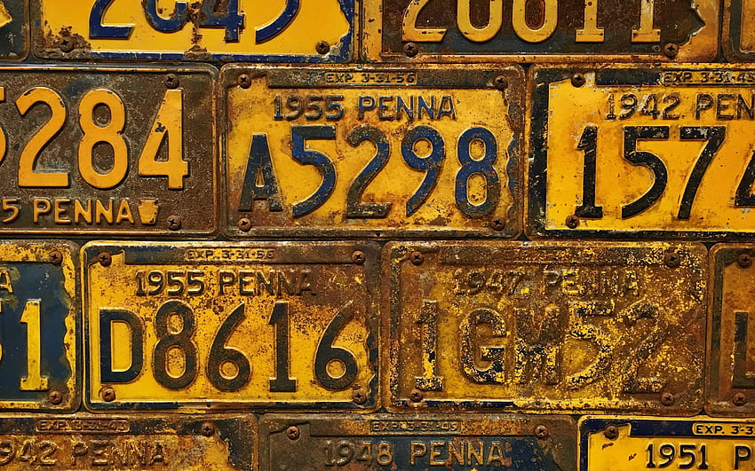 古い黄色の車の番号、車の番号のテクスチャ、ナンバー プレートの背景、古い鉄の背景、解像度 2880x1800 のナンバー プレートの背景。 高品質、ナンバープレート 高画質の壁紙