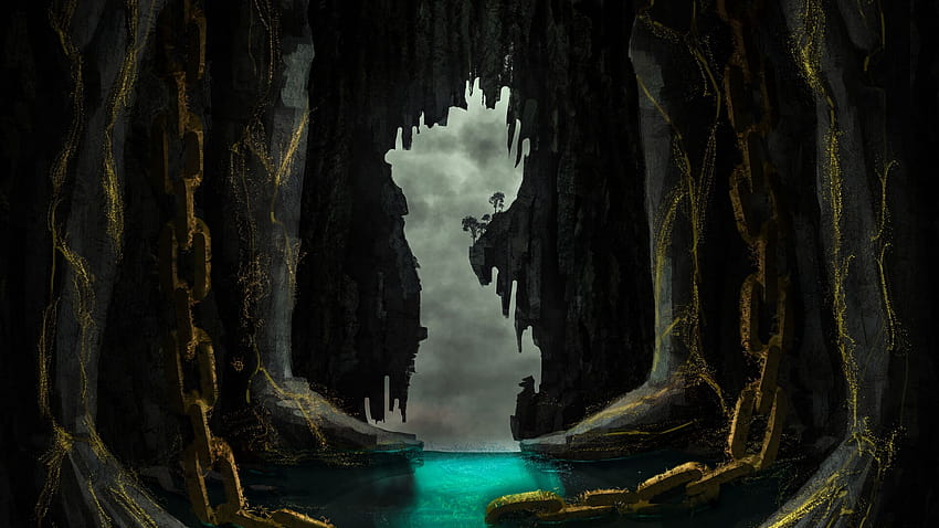 2560x1440 cave, ship, river, rocks, chains, art 16:9 backgrounds, cave art HD wallpaper