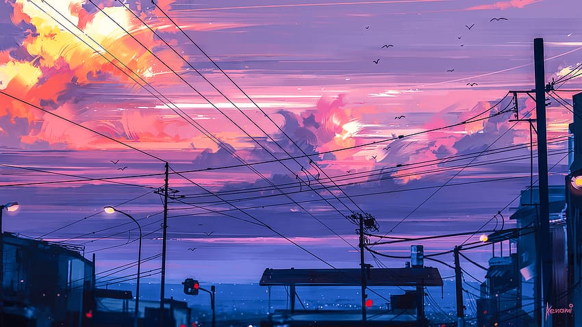 estetika, matahari terbenam, langit, anime, senja, senja Wallpaper HD