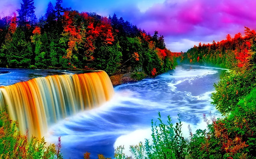虹のある滝、虹の熱帯雨林 高画質の壁紙