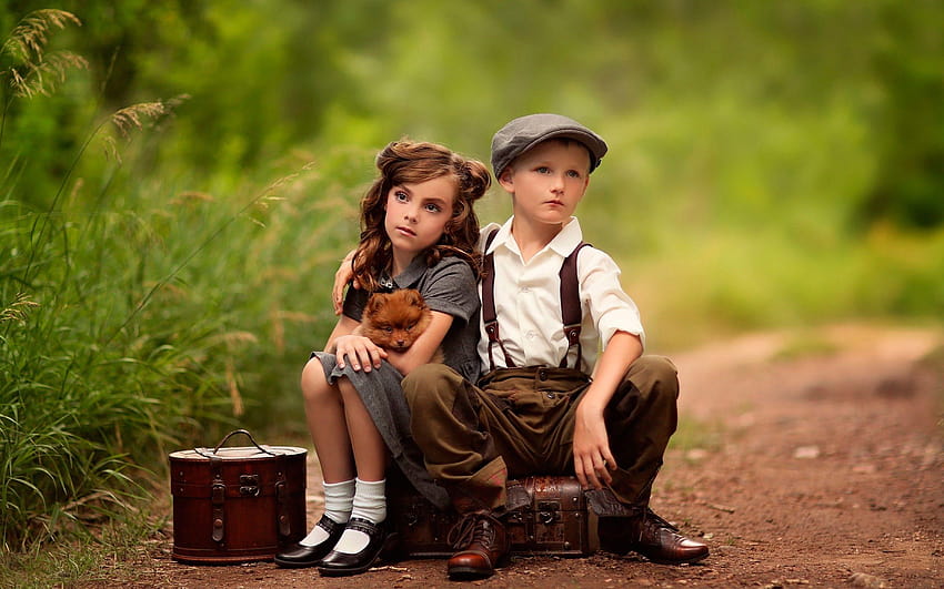 Cute child, girl, boy, dog, suitcases, waiting 2560x1600 HD wallpaper