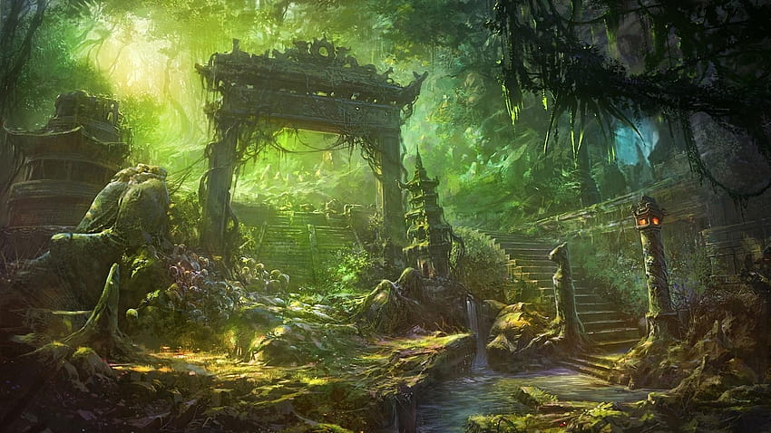 arch staircase forest overgrown debris by Shuxing Li HD wallpaper