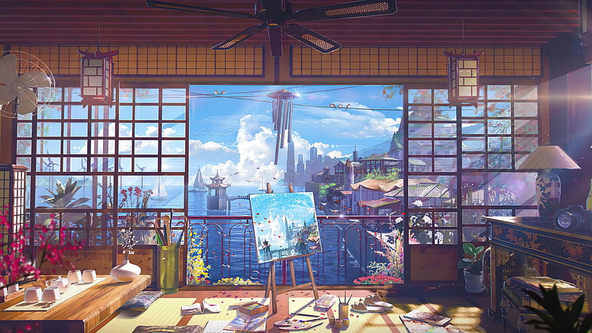 Vue sur l'océan, Chambre, Art numérique, Anime, Peinture • For You, anime painting Fond d'écran HD