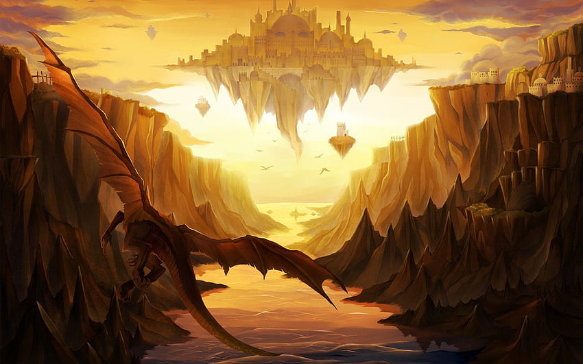 Замъци дракони долини скали фентъзи изкуство плаващи острови, плаващ замък HD тапет