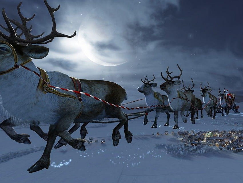 Santa Flying Reindeer, santas sleigh in the sky HD wallpaper