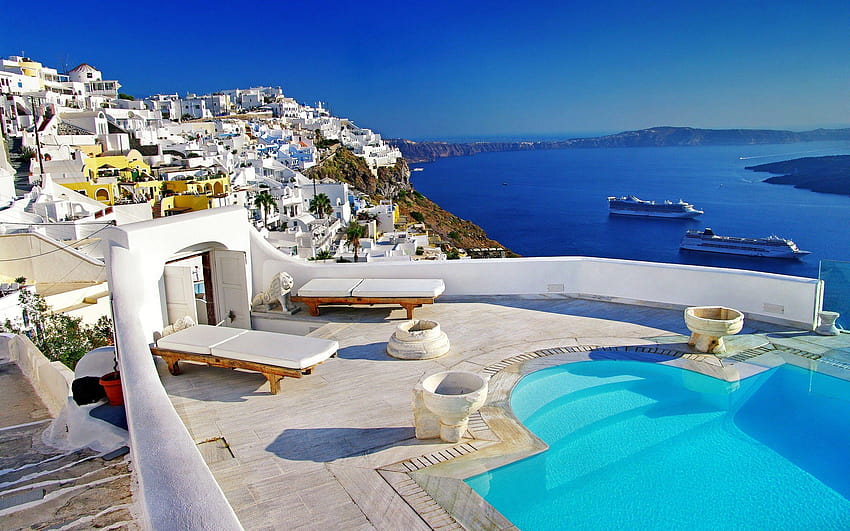 Haus, Kreuzfahrtschiff, Fluss, Griechenland, Insel Mykonos, Santorini HD-Hintergrundbild