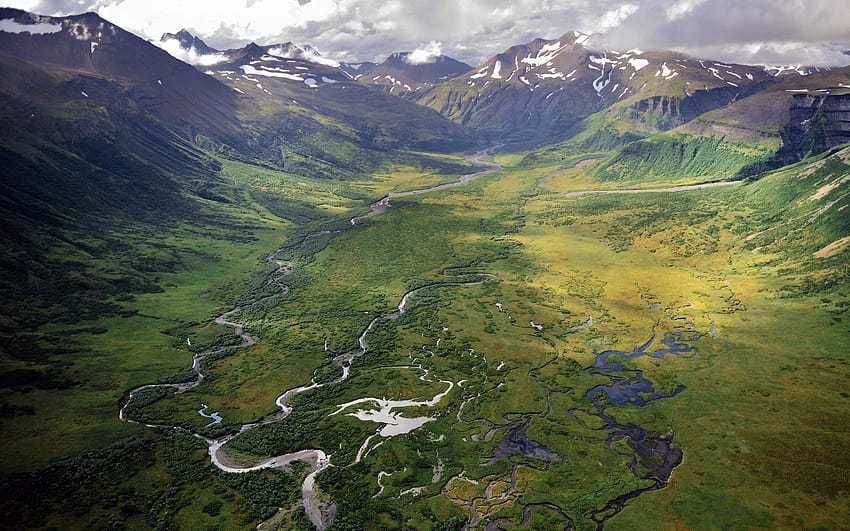 landscape, Nature, Valley, River, Aerial View, Mountain, Alaska, spring alaska HD wallpaper