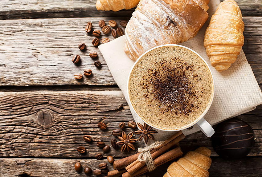 Kaffee-Croissant-Korn-Zimt-Tassen-Nahrung HD-Hintergrundbild