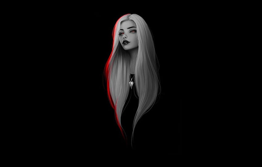 Girl, dark, long hair, minimalism, red eyes, artwork, dark minimalistic red and black HD wallpaper