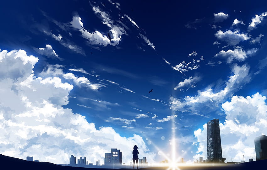 the sky, girl, the sun, birds, the city, Miyamizu Mitsuha, Y_Y, Your Name. , section сёдзё HD wallpaper