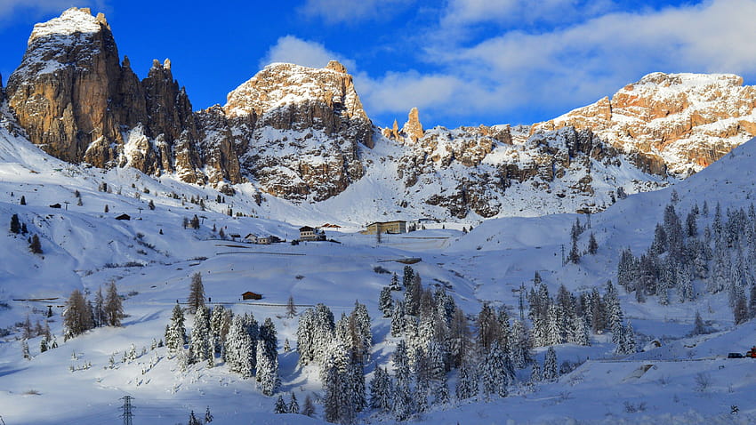 Dolomites, Alps, mountains, snow, winter, trees, dolomitas HD wallpaper