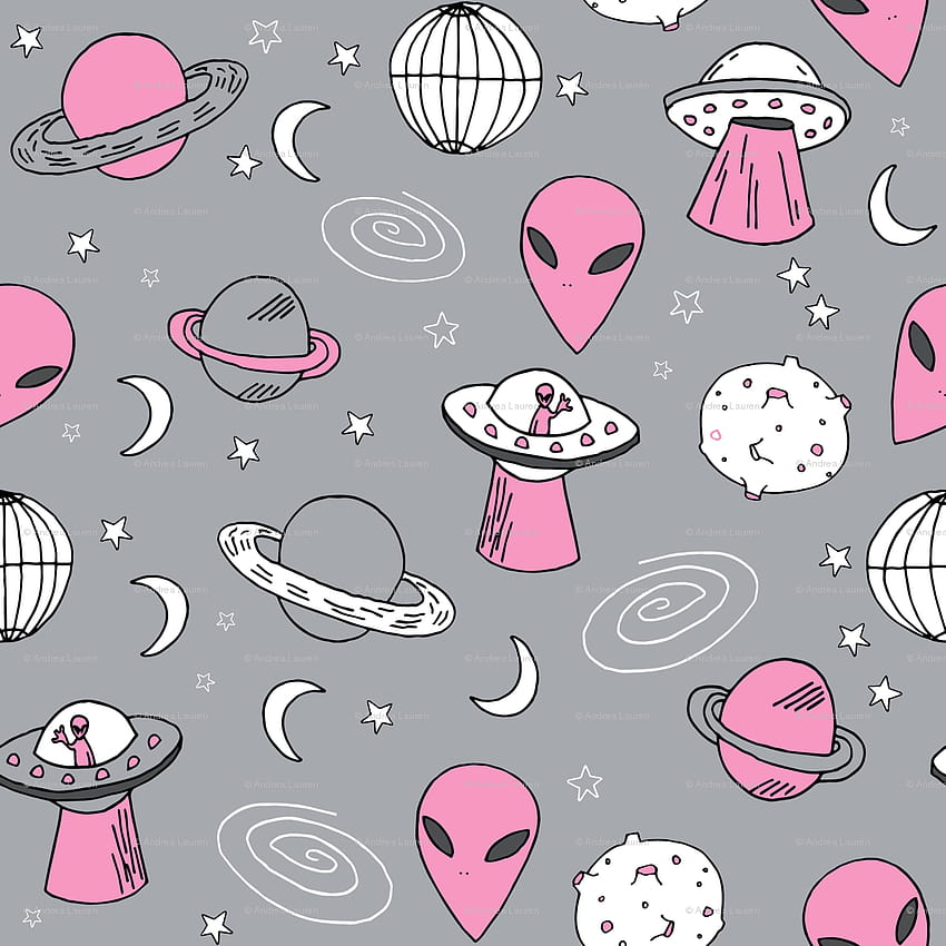 Ufos // 분홍색 및 회색 Ufo 외계인 우주선 행성 ​​패브릭, 귀여운 애니메이션 외계인 HD 전화 배경 화면