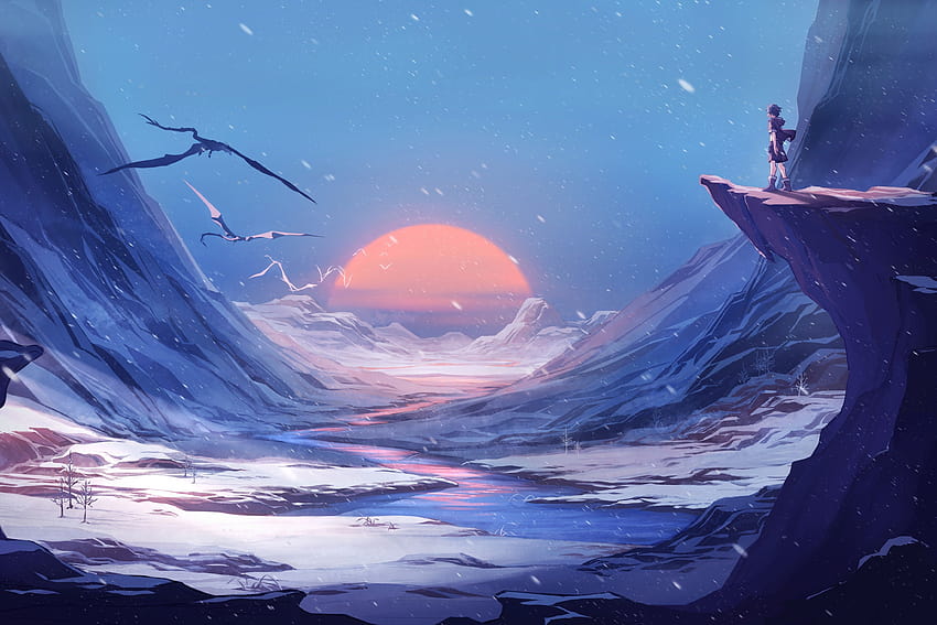 4096x2731 Anime Boy, Fantasy World, Landscape, Scenic, Cliff, Snow, Winter HD wallpaper