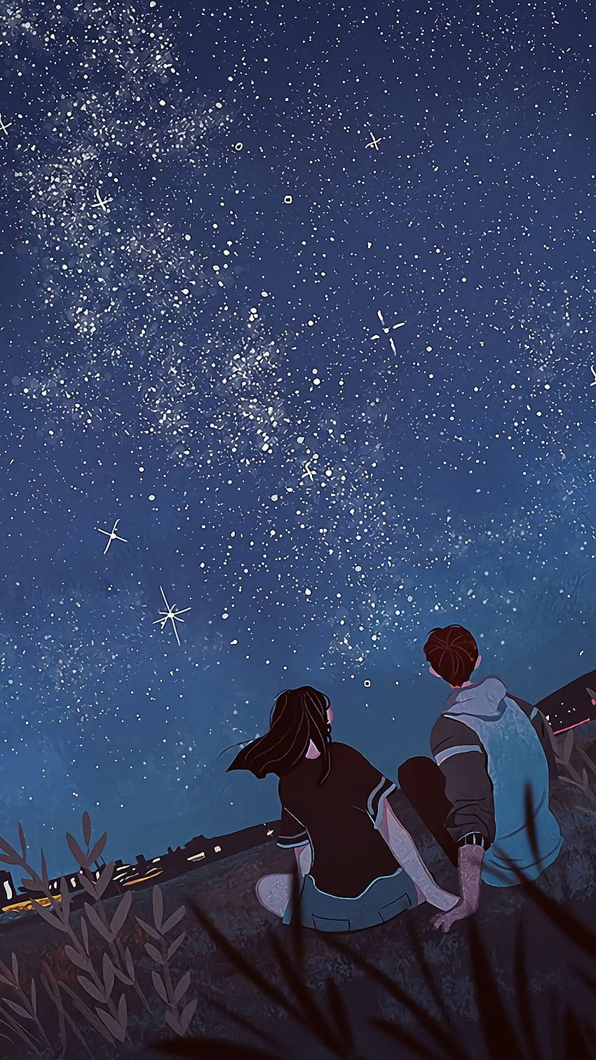 Leuchtender Stern am Himmel, Mädchen und Junge sitzen auf der Wiese, Anime-Mädchen und Junge sitzen zusammen HD-Handy-Hintergrundbild