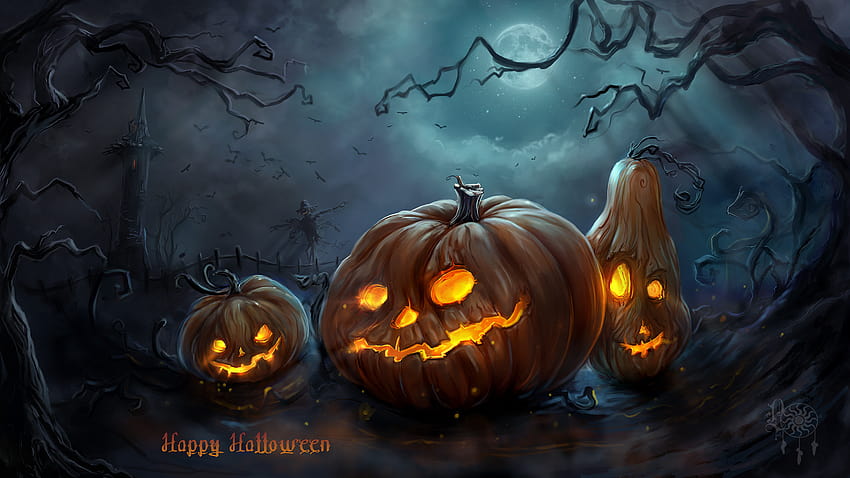 6065124 / 1920x1080 funny faces, gloomy, Art, pumpkins, scarecrow, tower, halloween, night, 1920x1080 halloween pumpkin HD wallpaper
