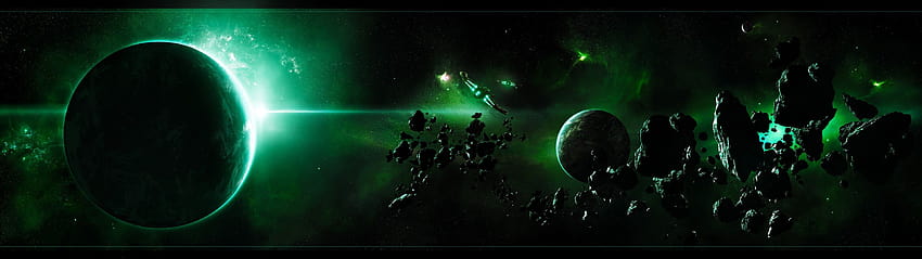 Най-добрите 3 зелени двойни монитора на бедрата, зелен минималистичен космически кораб HD тапет
