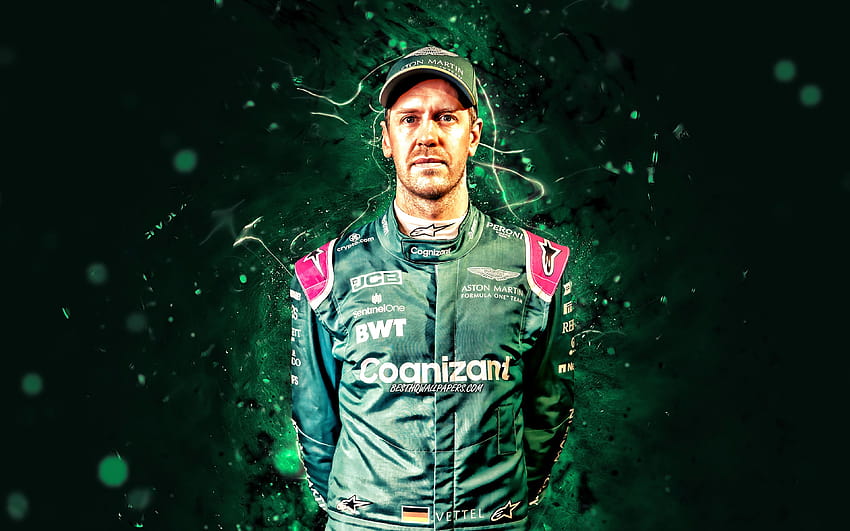 Sebastian Vettel, luces de neón verdes, 2021, Aston Martin F1 Team, pilotos de carreras alemanes, Fórmula 1, cerrar, sebastian vettel 2021 fondo de pantalla