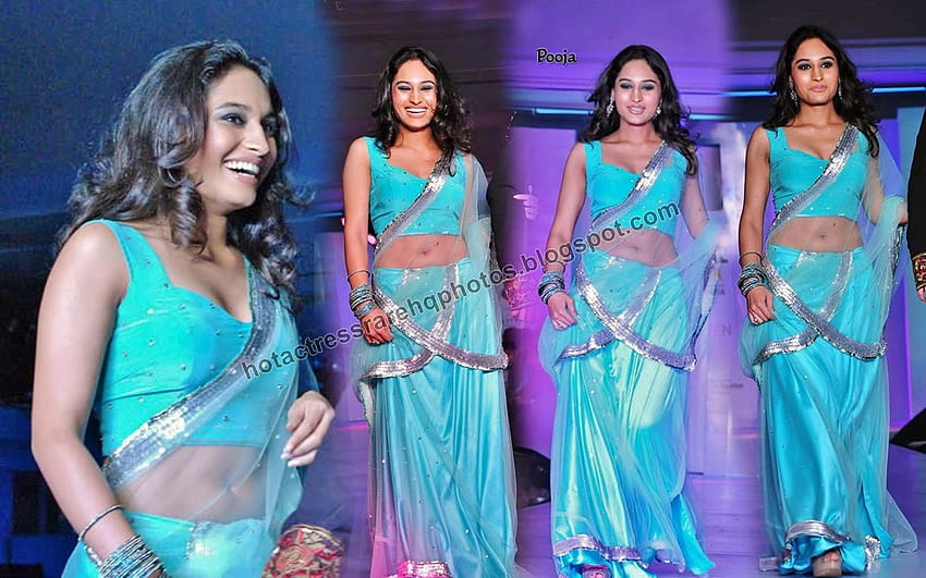 Heiße indische Schauspielerin Rare HQ: Tamilische Serienschauspielerin und Swamy Ra Ra Fame Pooja Ramachandran Heißeste Nabel- und Dekolleté-Show in ärmelloser Bluse und transparentem blauem Saree HD-Hintergrundbild