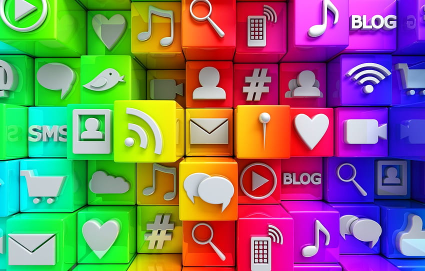 cubos, colorido, Internet, íconos, cubos, íconos, red social, medios, social, sección рендеринг, íconos de redes sociales fondo de pantalla