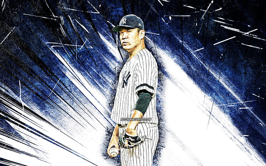Masahiro Tanaka, grunge art, MLB, New York Yankees, pitcher, baseball, Red Thunder, Major League Baseball, blue abstract rays, Masahiro Tanaka New York Yankees, Masahiro Tanaka , NY Yankees for HD wallpaper