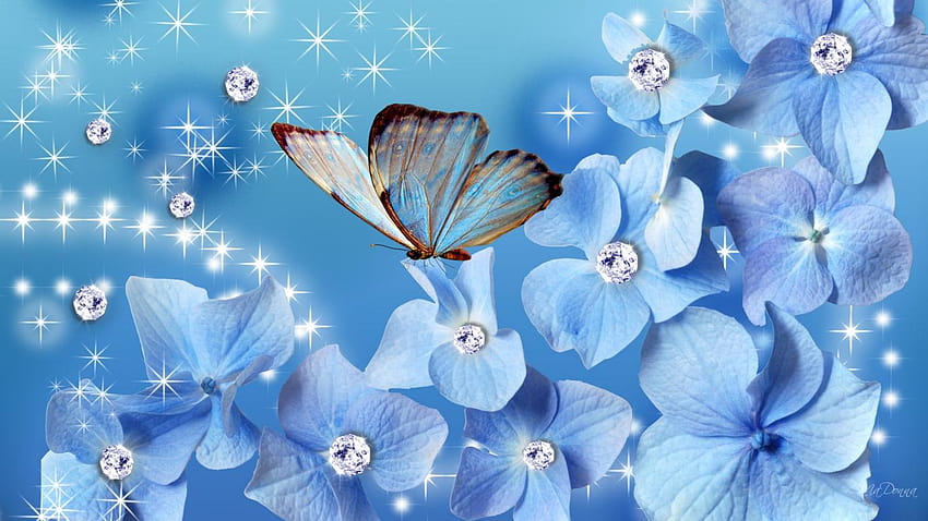 Лилава блестяща пеперуда, цветя кристали HD тапет