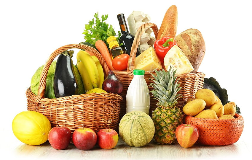 warzywa, wino, jabłka, jajka, ser, łuk, chleb, banany, bakłażan, butelka, owoc, ananas, kapusta, melon, kosz, ziemniaki, sekcja еда, telamon Tapeta HD