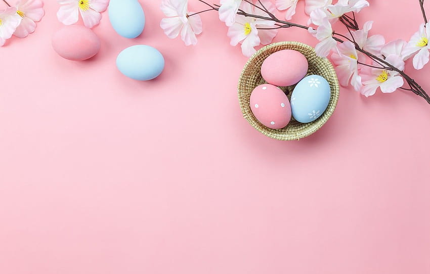 flowers, background, pink, eggs, spring, Easter, wood, pink, blossom, flowers, spring, Easter, eggs, decoration, Happy, tender , section праздники, easter wood HD wallpaper