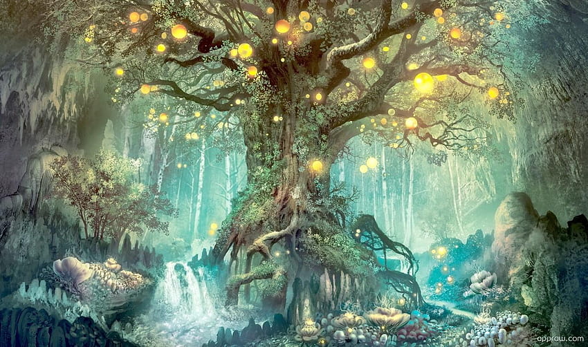 Магическо дърво във фантастичен свят, магически свят HD тапет